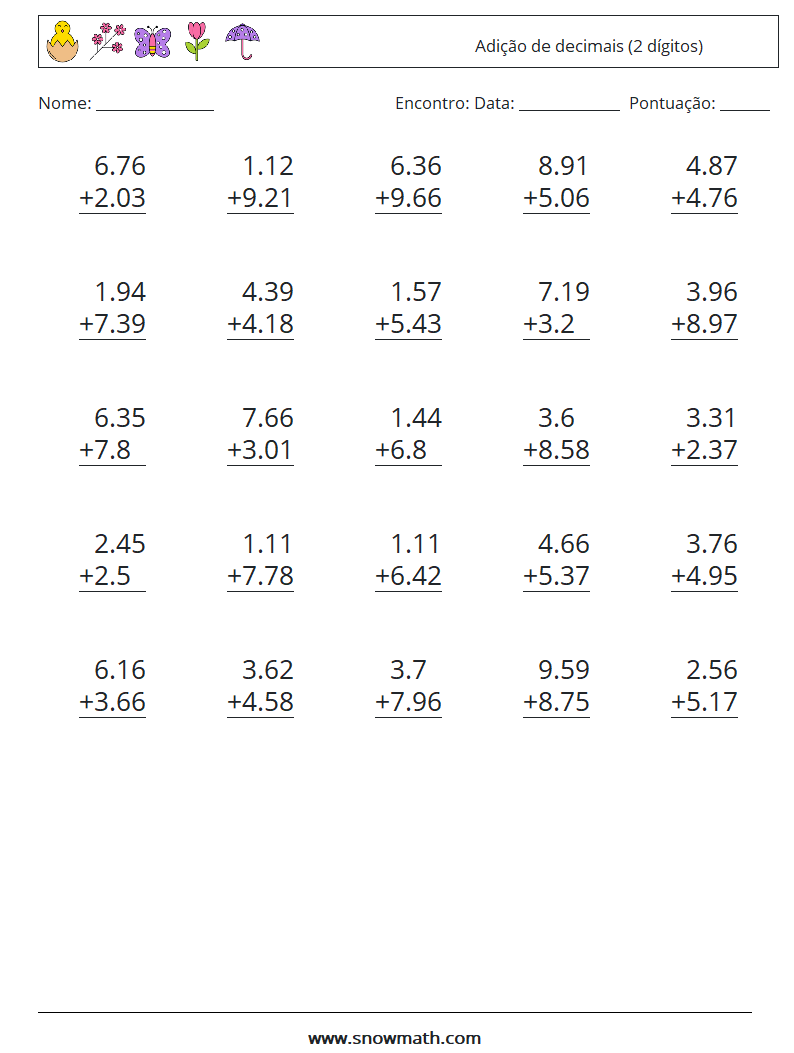 (25) Adição de decimais (2 dígitos) planilhas matemáticas 6