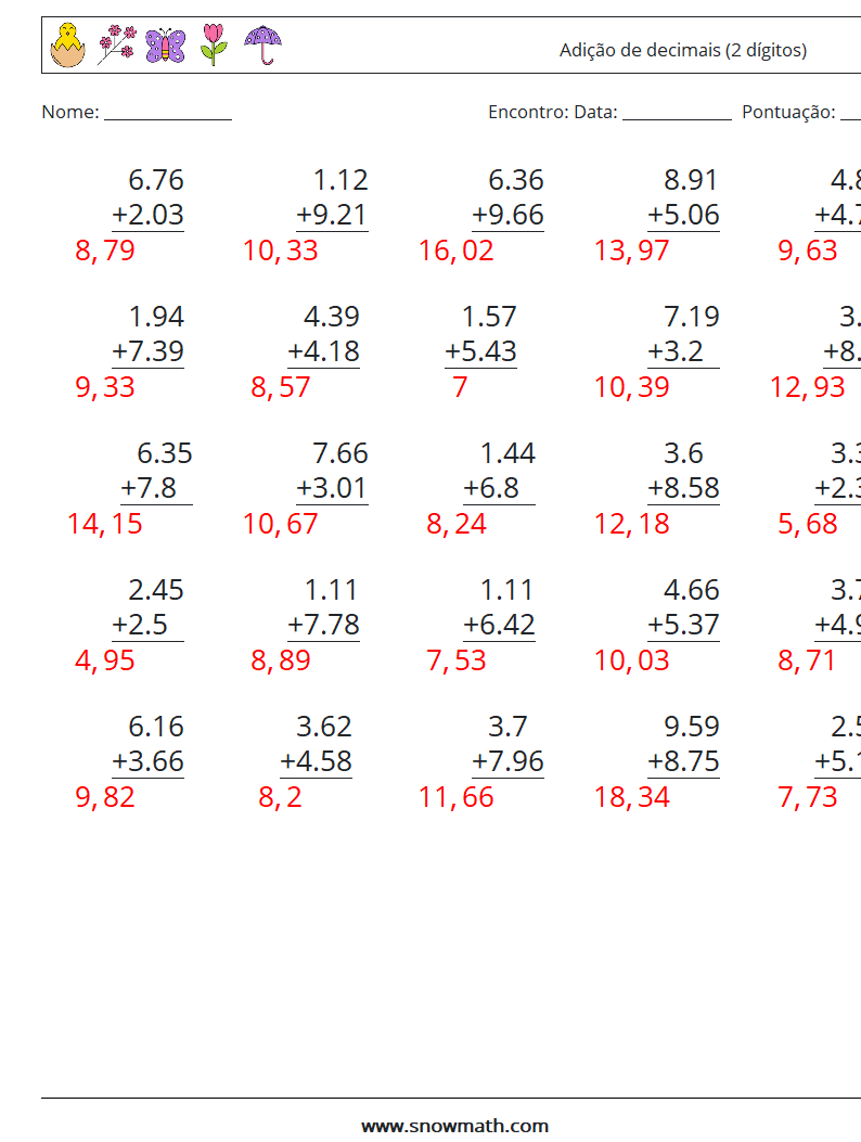 (25) Adição de decimais (2 dígitos) planilhas matemáticas 6 Pergunta, Resposta