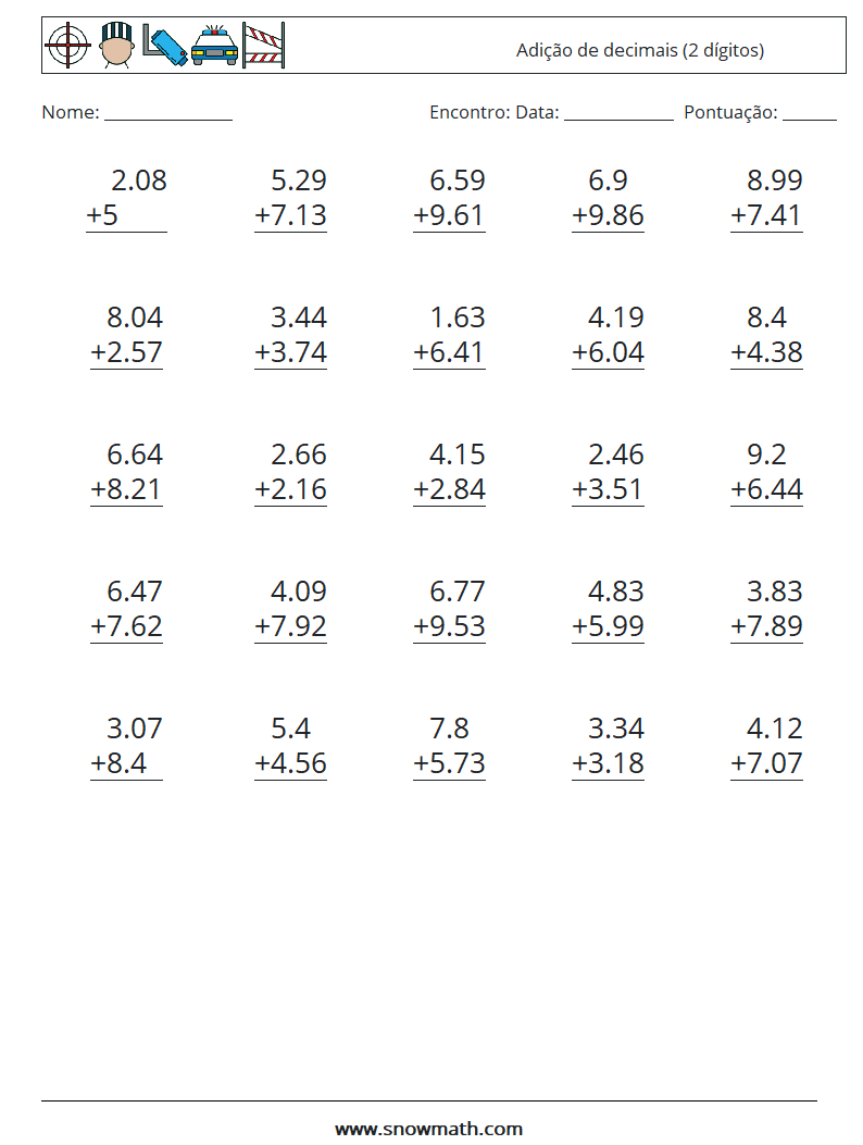 (25) Adição de decimais (2 dígitos) planilhas matemáticas 7