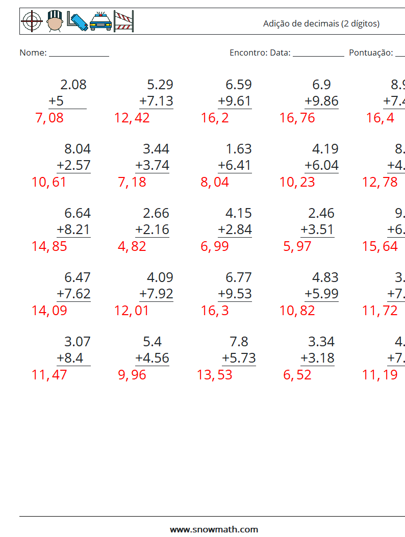 (25) Adição de decimais (2 dígitos) planilhas matemáticas 7 Pergunta, Resposta