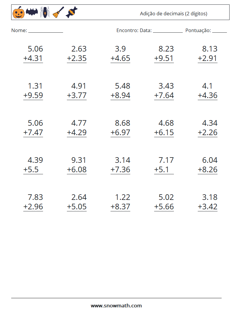 (25) Adição de decimais (2 dígitos) planilhas matemáticas 8