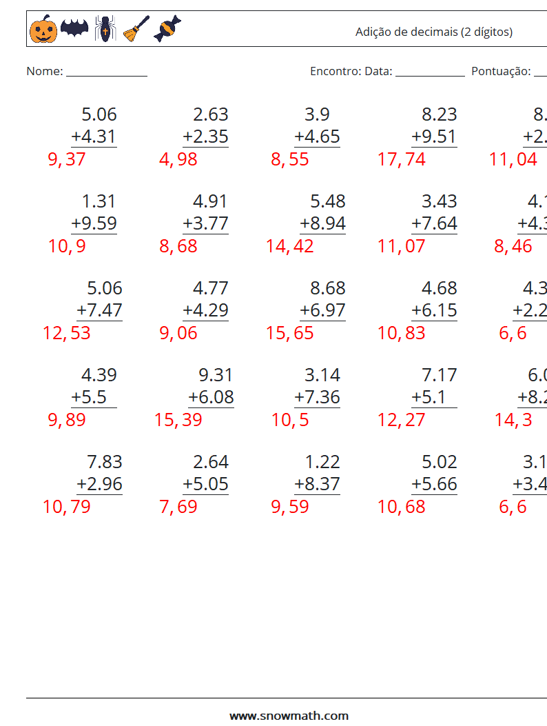 (25) Adição de decimais (2 dígitos) planilhas matemáticas 8 Pergunta, Resposta