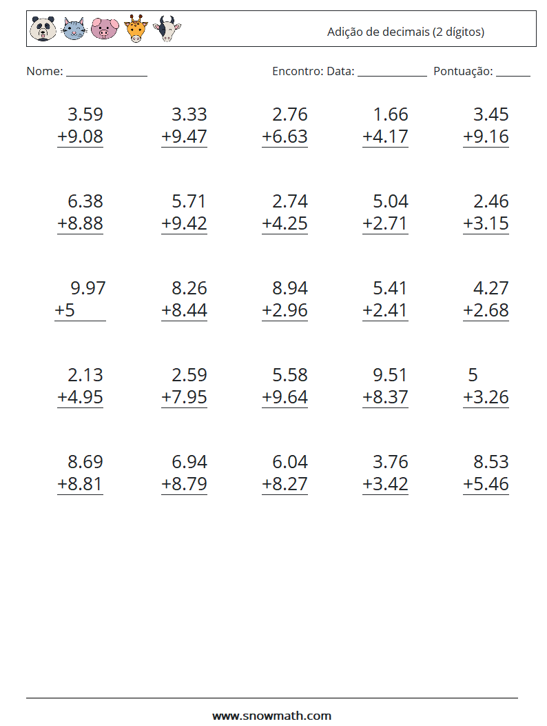 (25) Adição de decimais (2 dígitos) planilhas matemáticas 9