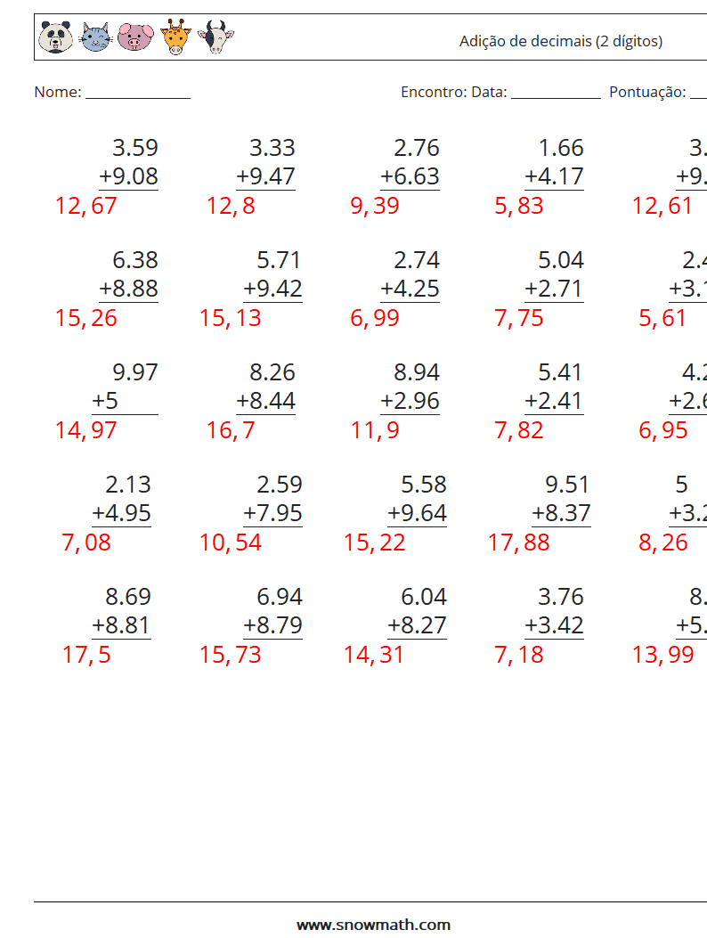 (25) Adição de decimais (2 dígitos) planilhas matemáticas 9 Pergunta, Resposta