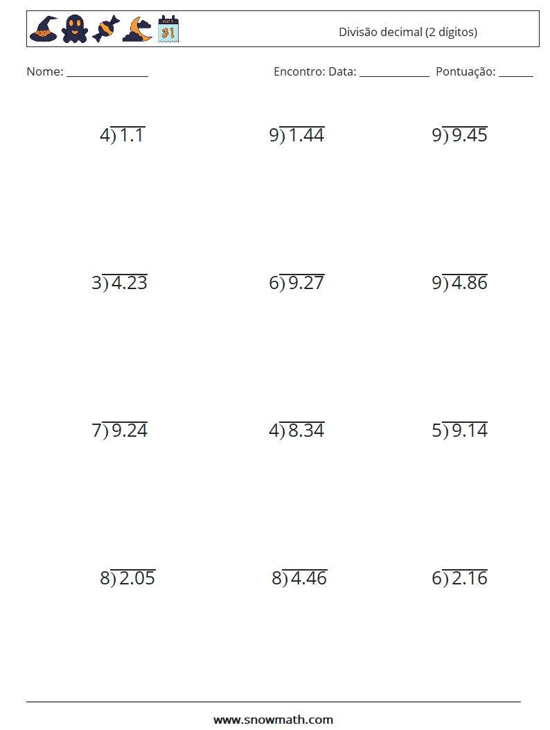 (12) Divisão decimal (2 dígitos) planilhas matemáticas 10