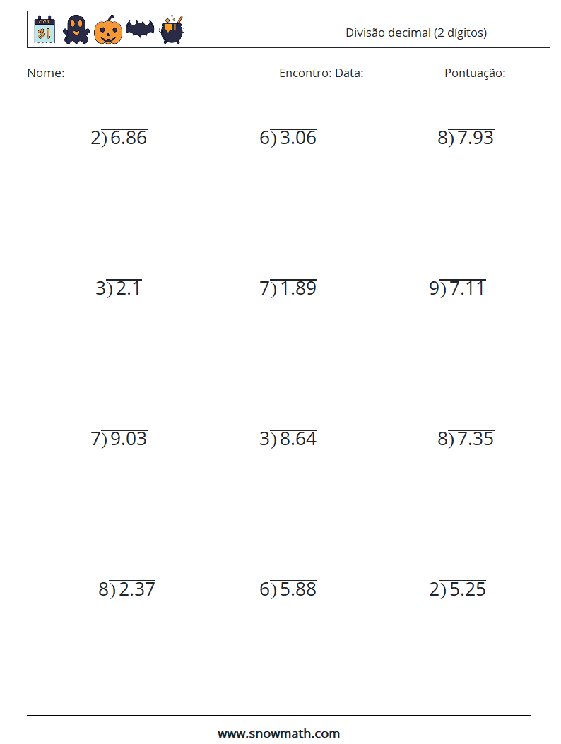 (12) Divisão decimal (2 dígitos) planilhas matemáticas 15