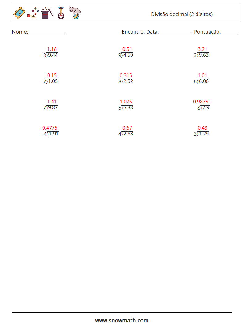 (12) Divisão decimal (2 dígitos) planilhas matemáticas 18 Pergunta, Resposta