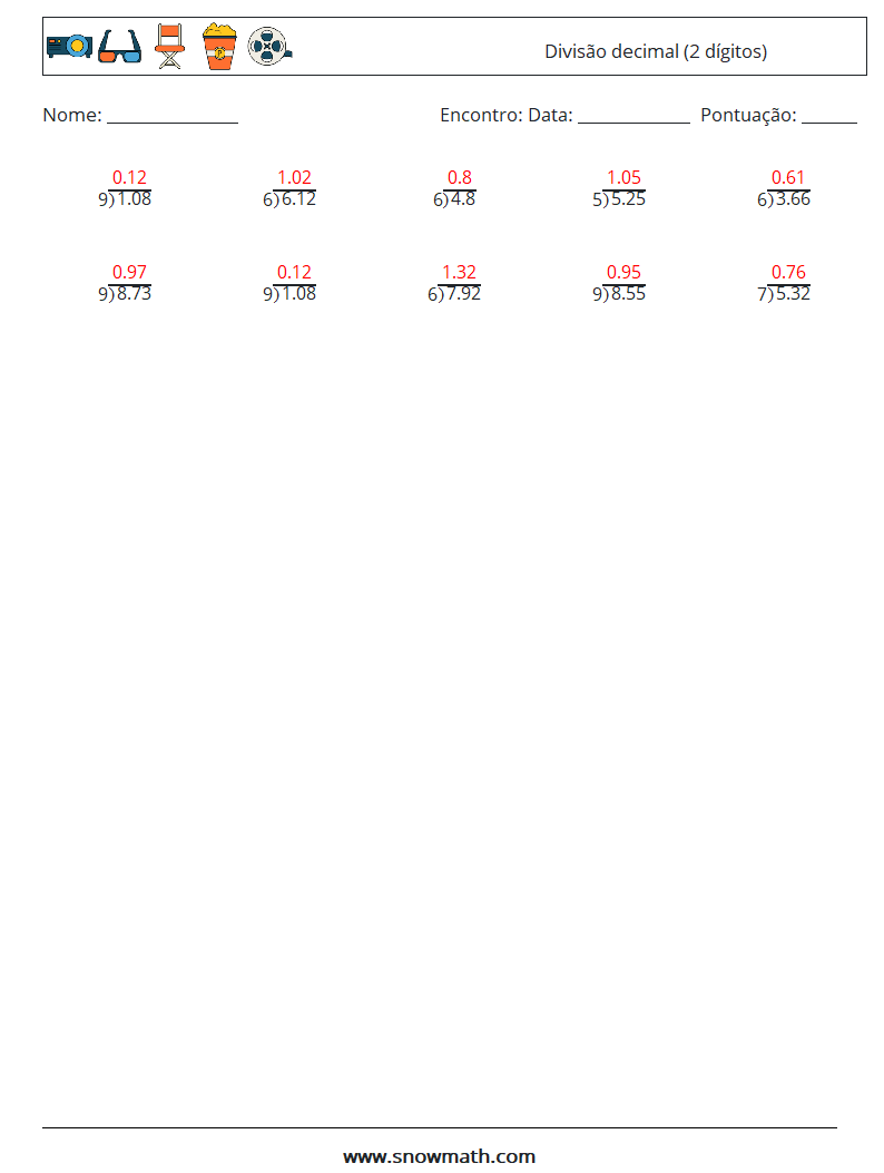 (25) Divisão decimal (2 dígitos) planilhas matemáticas 10 Pergunta, Resposta