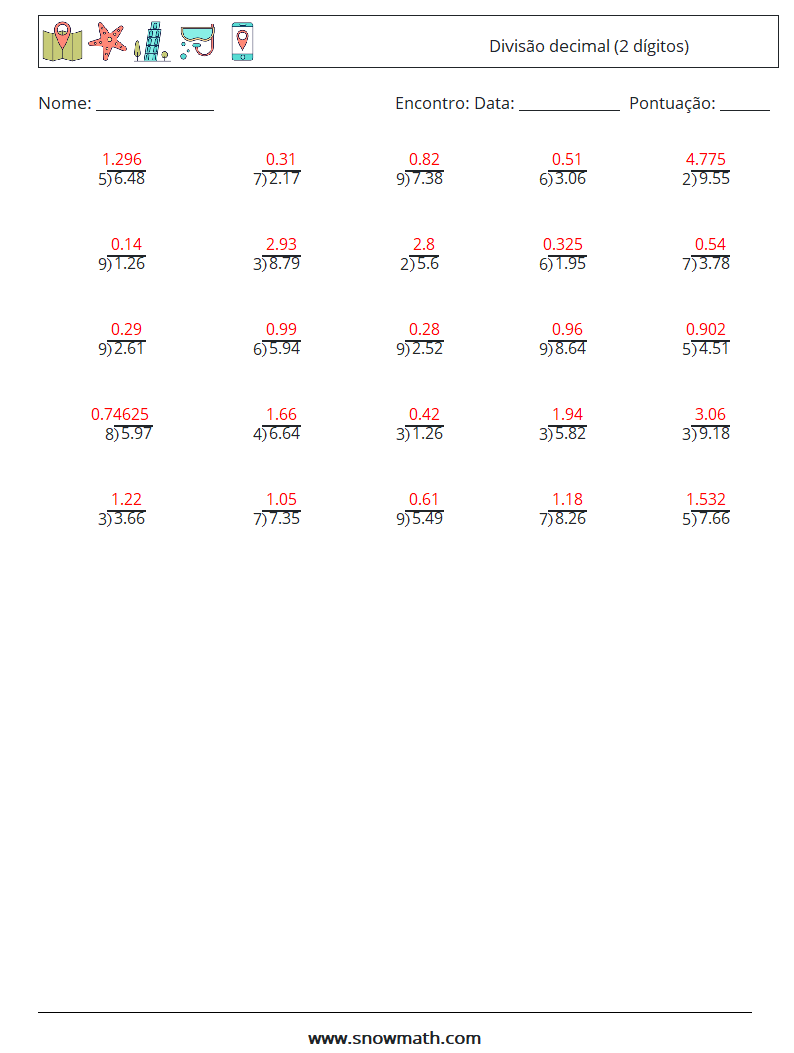 (25) Divisão decimal (2 dígitos) planilhas matemáticas 11 Pergunta, Resposta