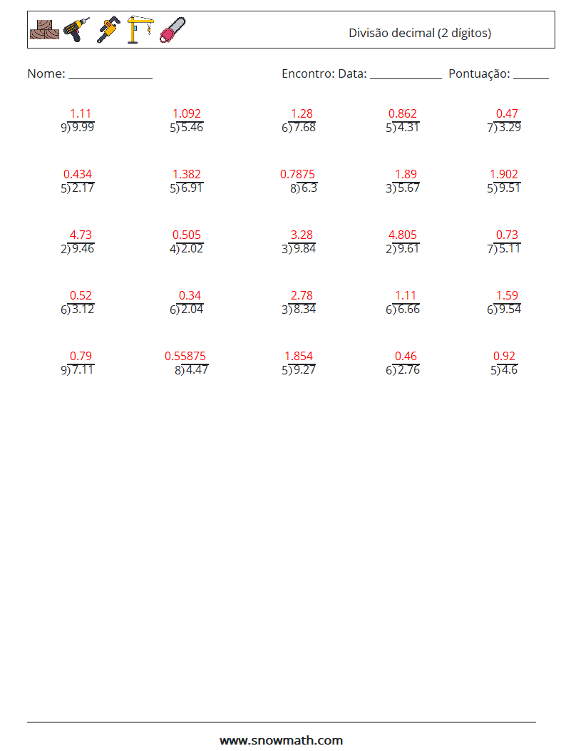 (25) Divisão decimal (2 dígitos) planilhas matemáticas 15 Pergunta, Resposta