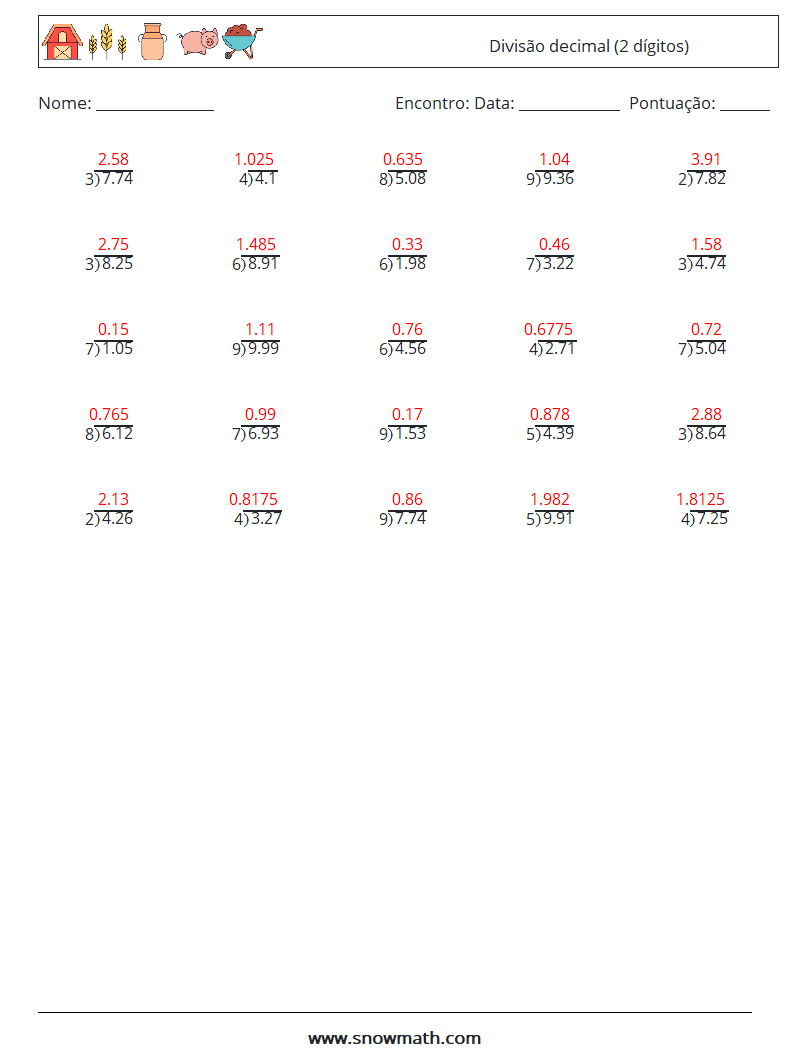 (25) Divisão decimal (2 dígitos) planilhas matemáticas 2 Pergunta, Resposta