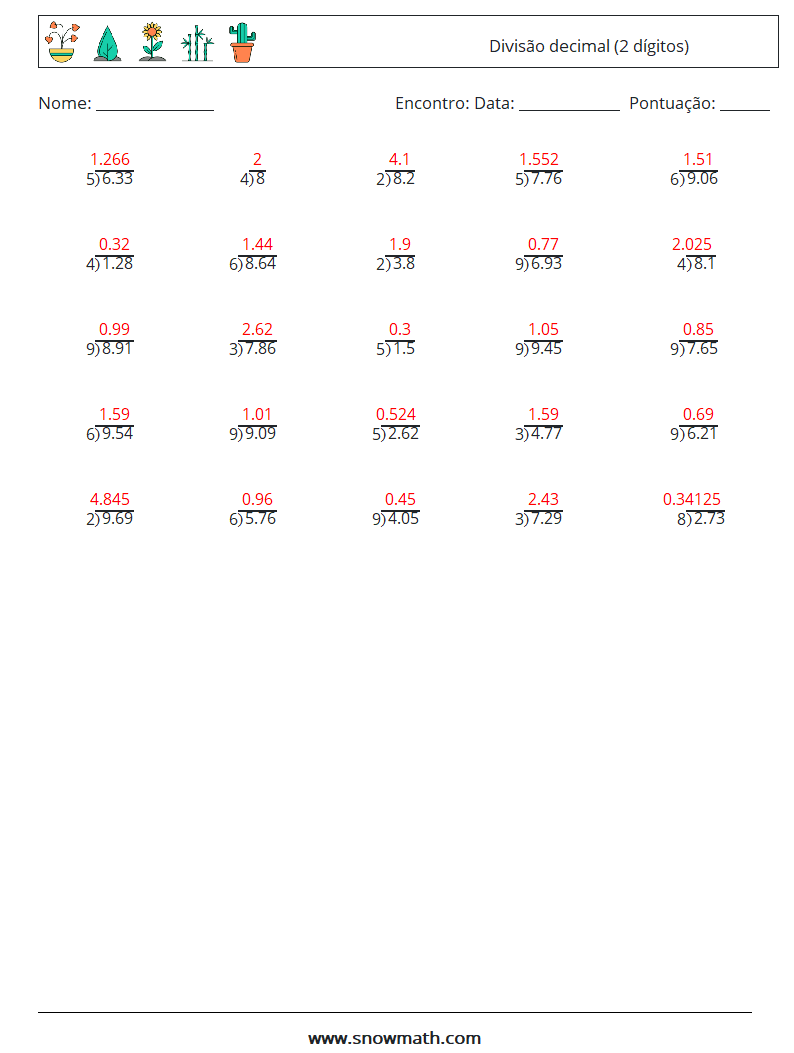 (25) Divisão decimal (2 dígitos) planilhas matemáticas 8 Pergunta, Resposta