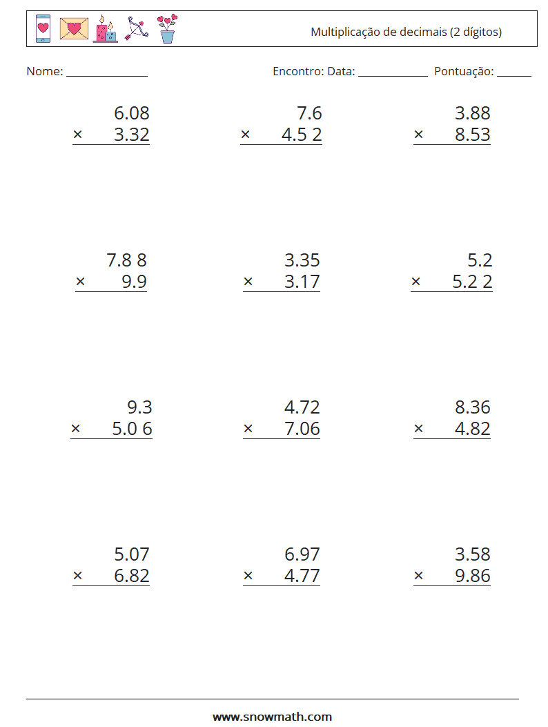 (12) Multiplicação de decimais (2 dígitos) planilhas matemáticas 1