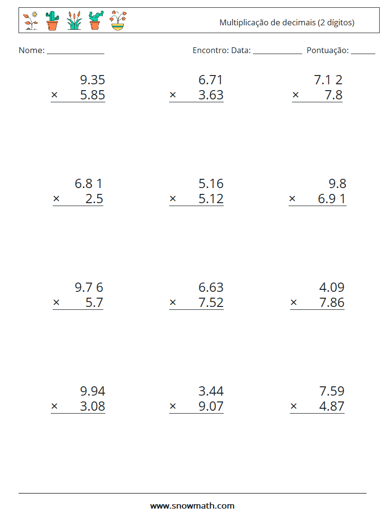 (12) Multiplicação de decimais (2 dígitos) planilhas matemáticas 11