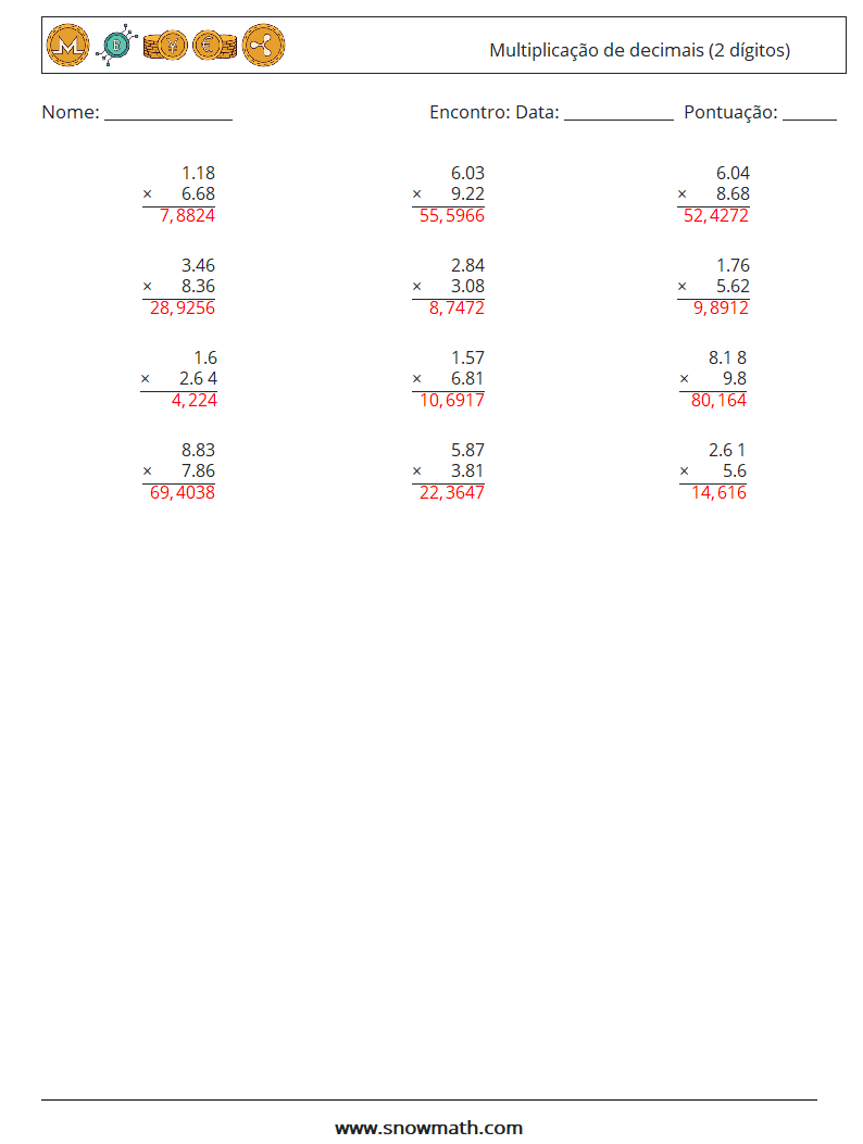 (12) Multiplicação de decimais (2 dígitos) planilhas matemáticas 12 Pergunta, Resposta