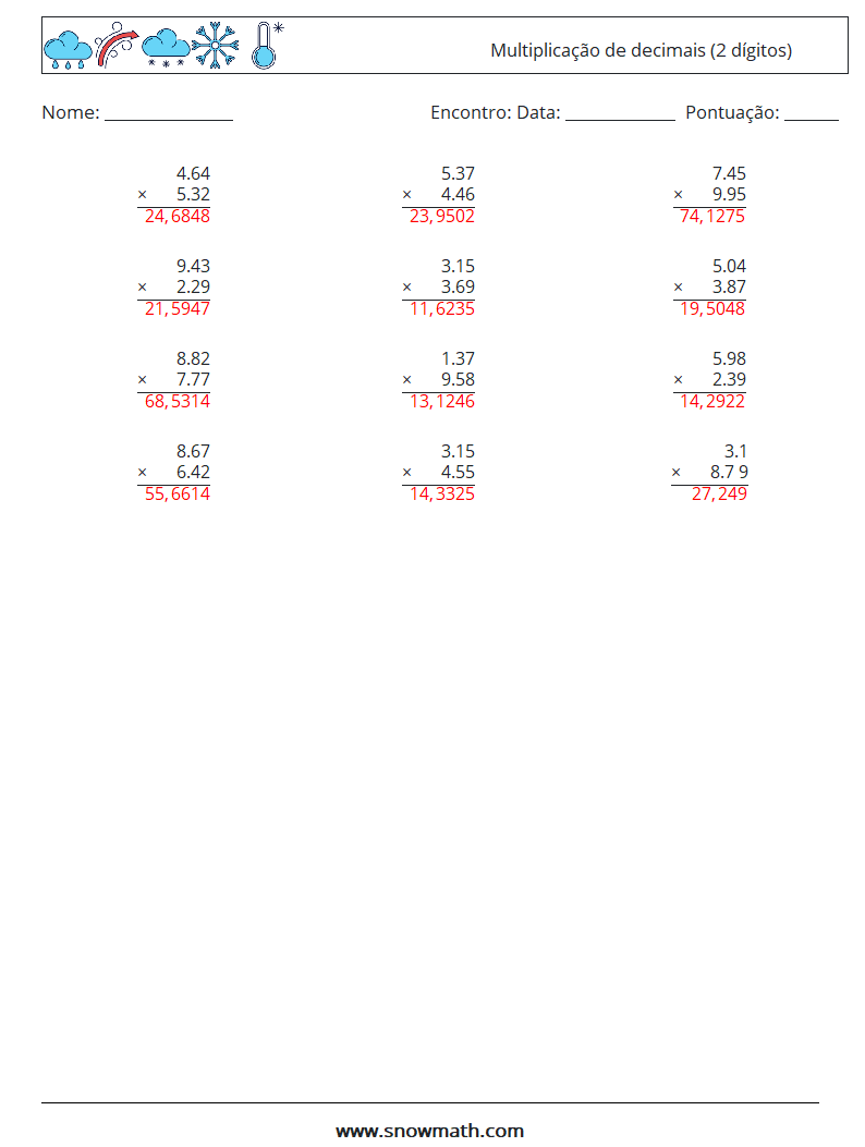 (12) Multiplicação de decimais (2 dígitos) planilhas matemáticas 13 Pergunta, Resposta