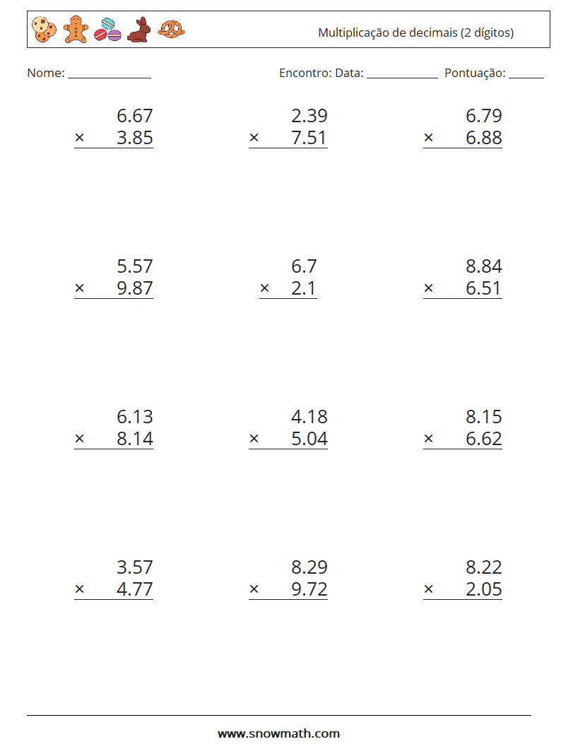 (12) Multiplicação de decimais (2 dígitos) planilhas matemáticas 14