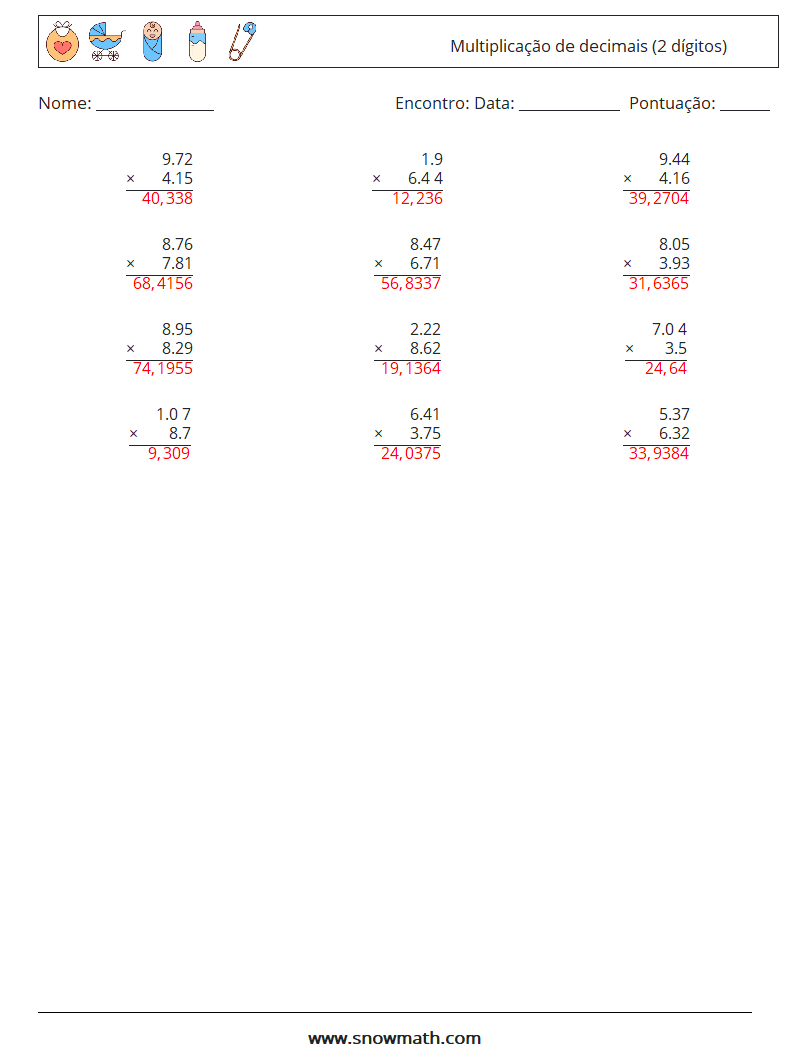 (12) Multiplicação de decimais (2 dígitos) planilhas matemáticas 17 Pergunta, Resposta