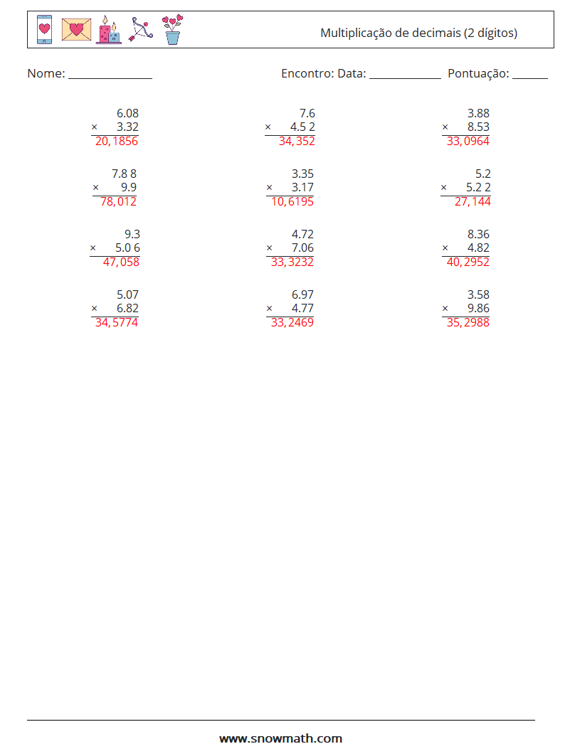 (12) Multiplicação de decimais (2 dígitos) planilhas matemáticas 1 Pergunta, Resposta