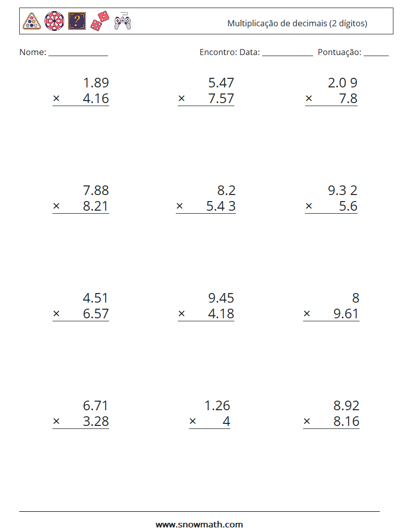 (12) Multiplicação de decimais (2 dígitos) planilhas matemáticas 2
