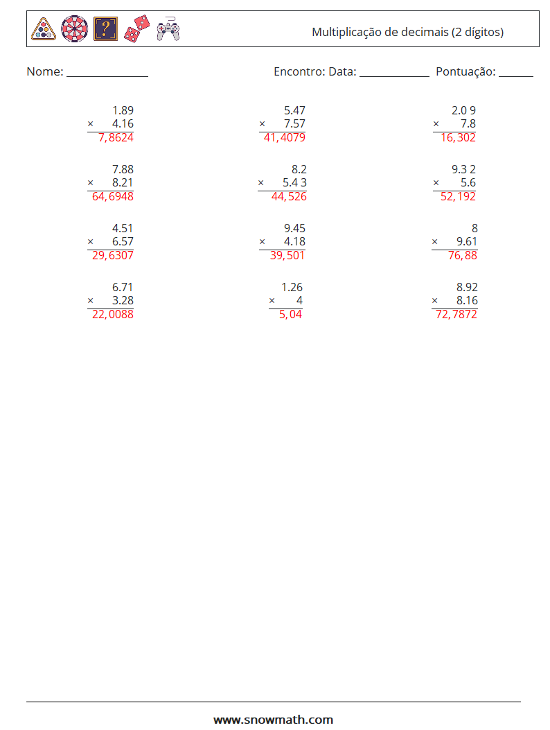 (12) Multiplicação de decimais (2 dígitos) planilhas matemáticas 2 Pergunta, Resposta