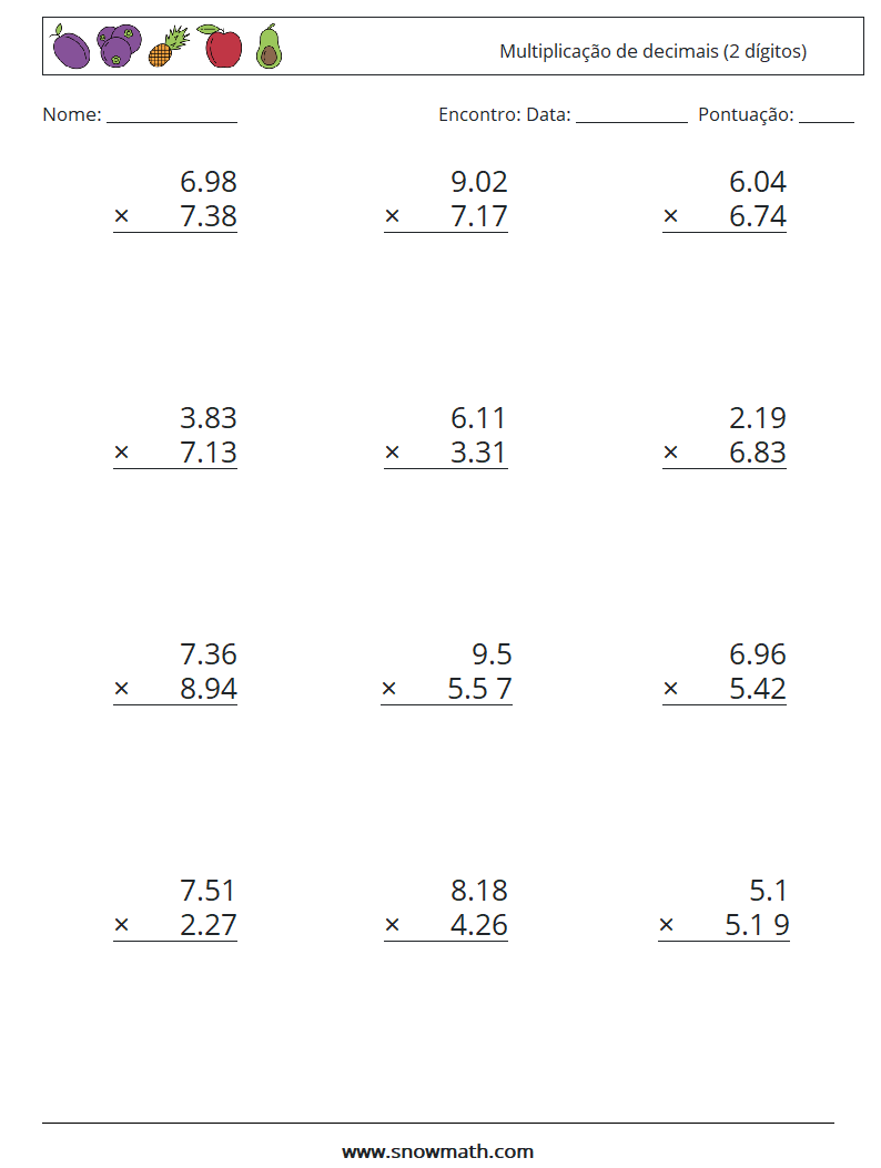 (12) Multiplicação de decimais (2 dígitos) planilhas matemáticas 3