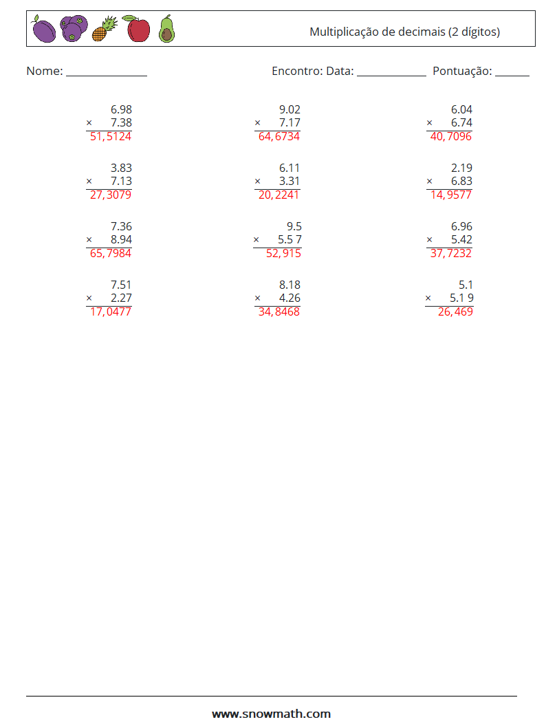 (12) Multiplicação de decimais (2 dígitos) planilhas matemáticas 3 Pergunta, Resposta