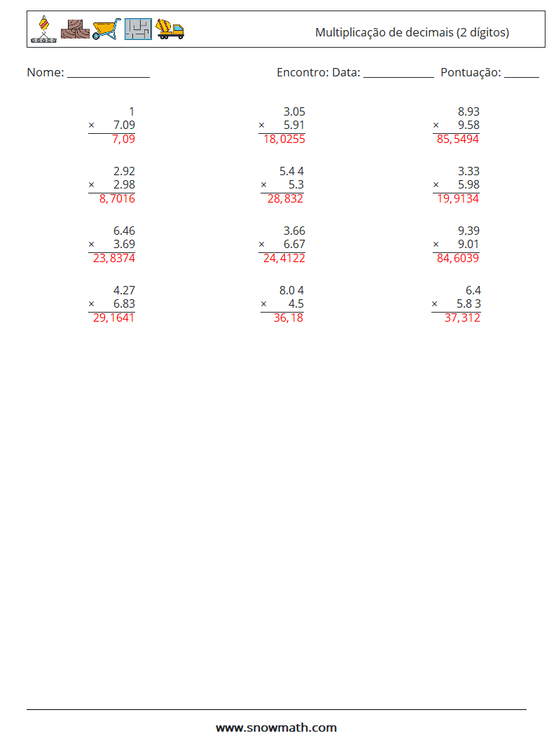 (12) Multiplicação de decimais (2 dígitos) planilhas matemáticas 4 Pergunta, Resposta