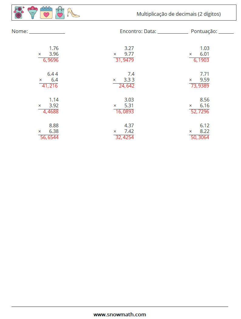 (12) Multiplicação de decimais (2 dígitos) planilhas matemáticas 5 Pergunta, Resposta