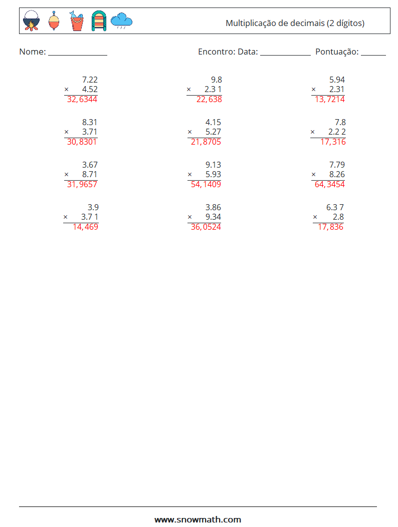 (12) Multiplicação de decimais (2 dígitos) planilhas matemáticas 6 Pergunta, Resposta