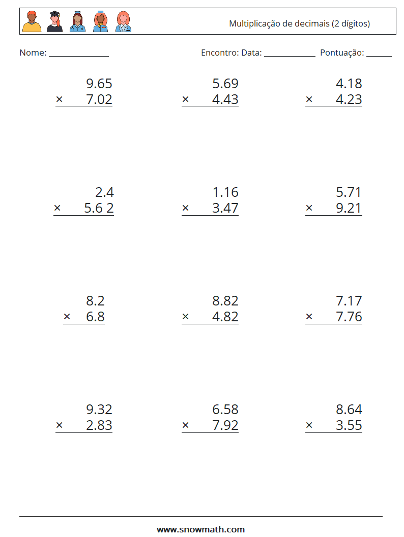 (12) Multiplicação de decimais (2 dígitos) planilhas matemáticas 7