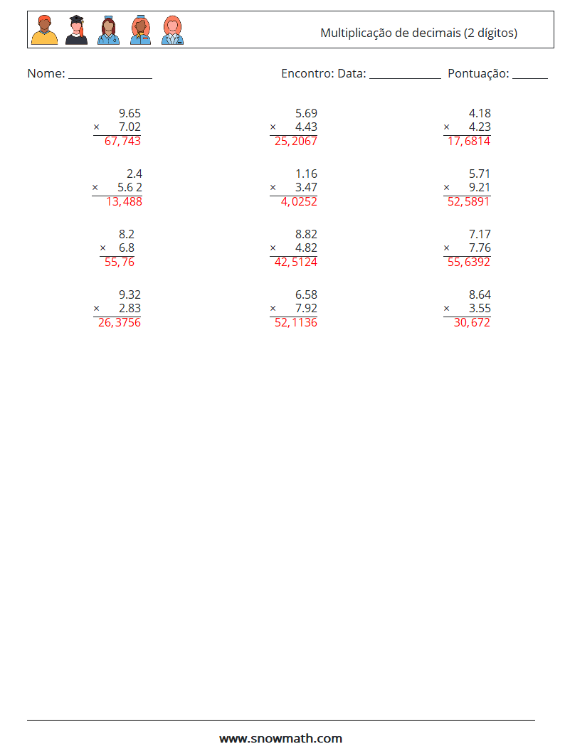 (12) Multiplicação de decimais (2 dígitos) planilhas matemáticas 7 Pergunta, Resposta