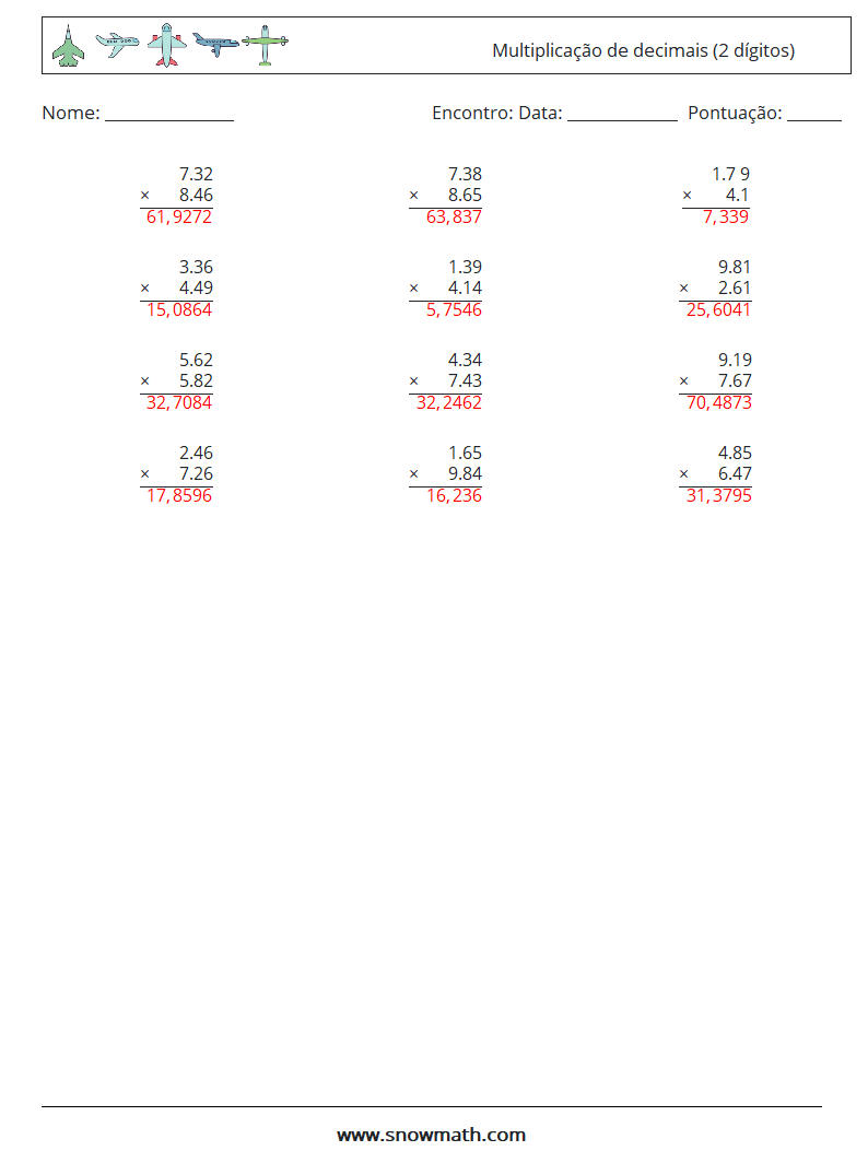 (12) Multiplicação de decimais (2 dígitos) planilhas matemáticas 8 Pergunta, Resposta