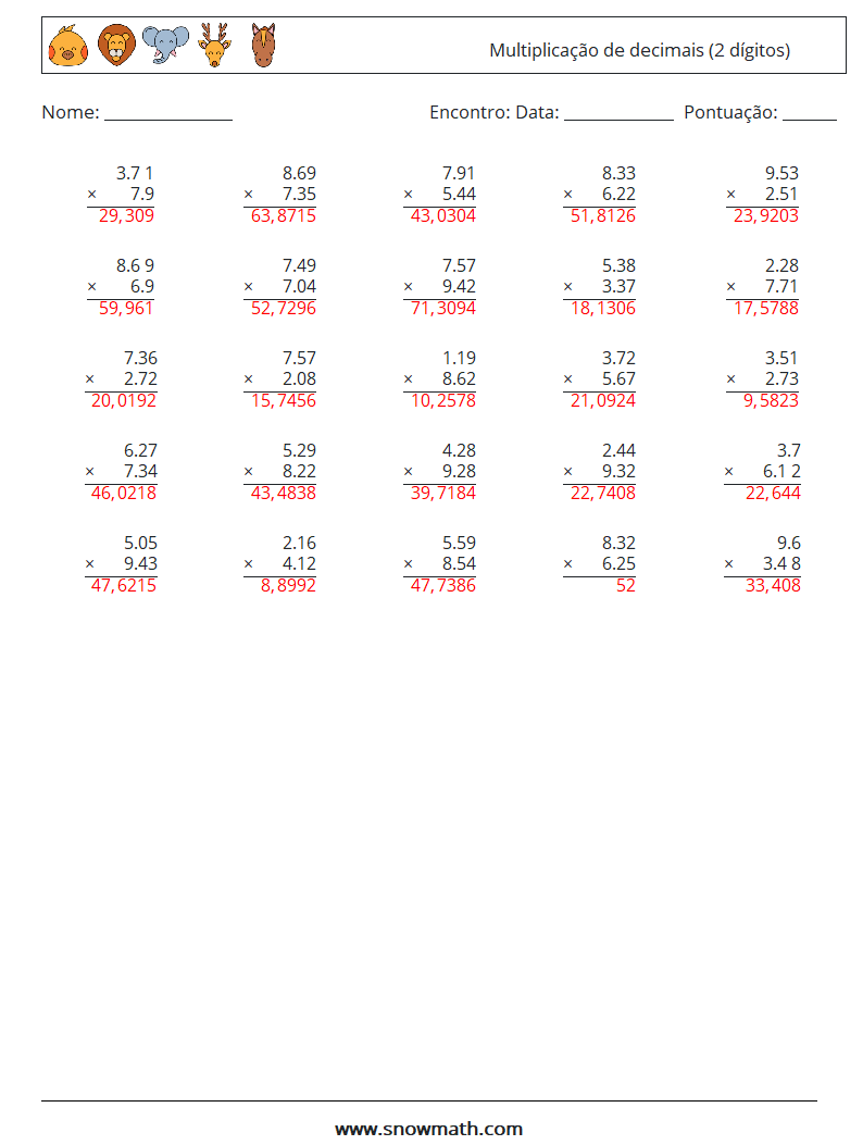 (25) Multiplicação de decimais (2 dígitos) planilhas matemáticas 10 Pergunta, Resposta