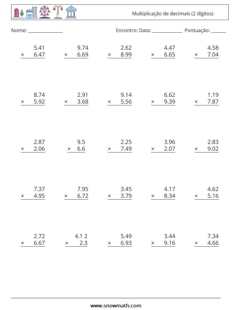 (25) Multiplicação de decimais (2 dígitos) planilhas matemáticas 11