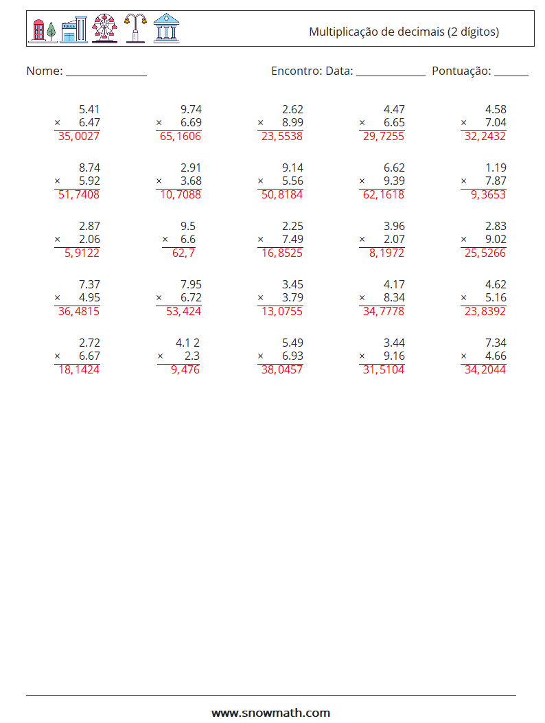 (25) Multiplicação de decimais (2 dígitos) planilhas matemáticas 11 Pergunta, Resposta