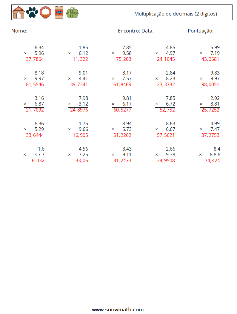 (25) Multiplicação de decimais (2 dígitos) planilhas matemáticas 12 Pergunta, Resposta