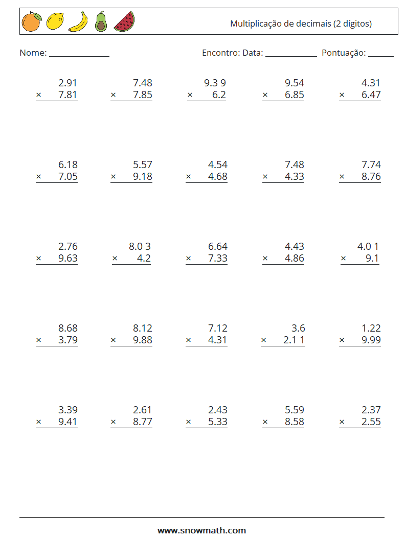 (25) Multiplicação de decimais (2 dígitos) planilhas matemáticas 14