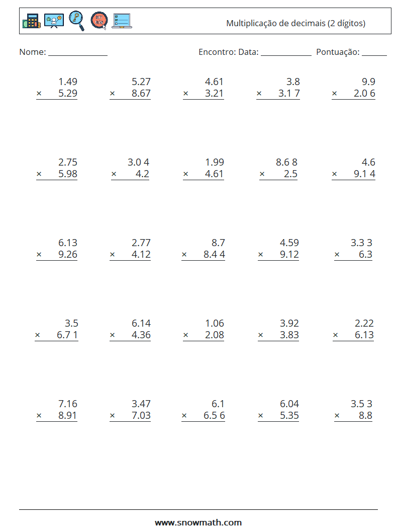 (25) Multiplicação de decimais (2 dígitos) planilhas matemáticas 15