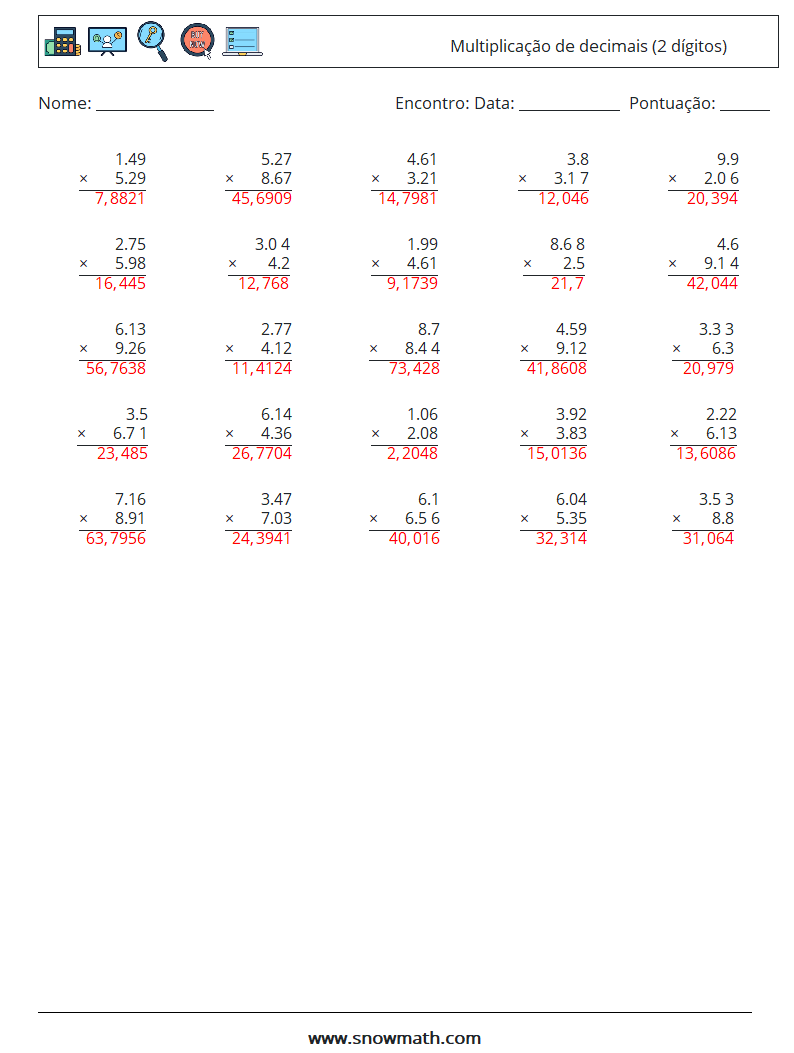 (25) Multiplicação de decimais (2 dígitos) planilhas matemáticas 15 Pergunta, Resposta