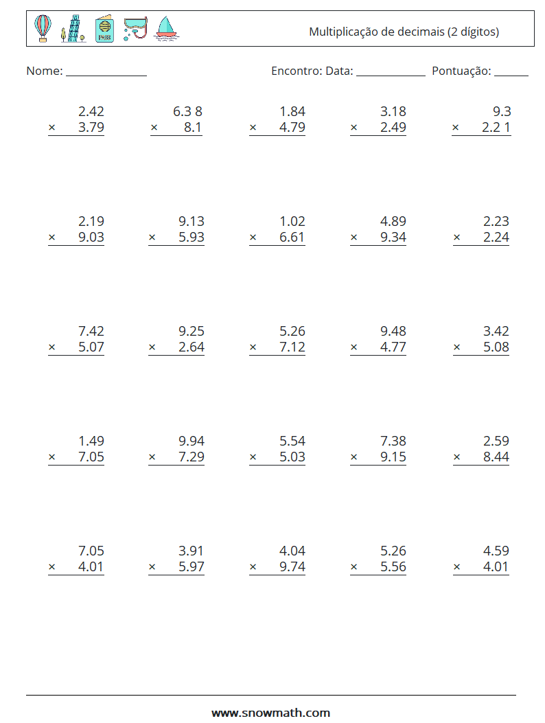 (25) Multiplicação de decimais (2 dígitos) planilhas matemáticas 16