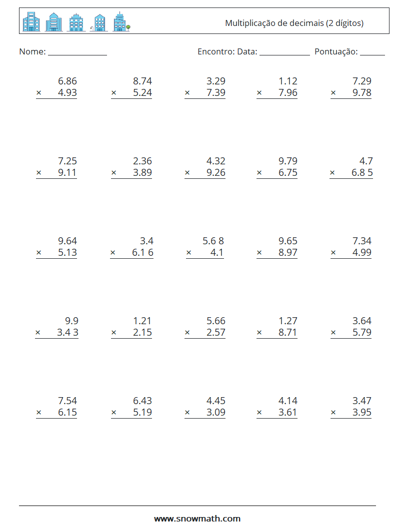 (25) Multiplicação de decimais (2 dígitos) planilhas matemáticas 17