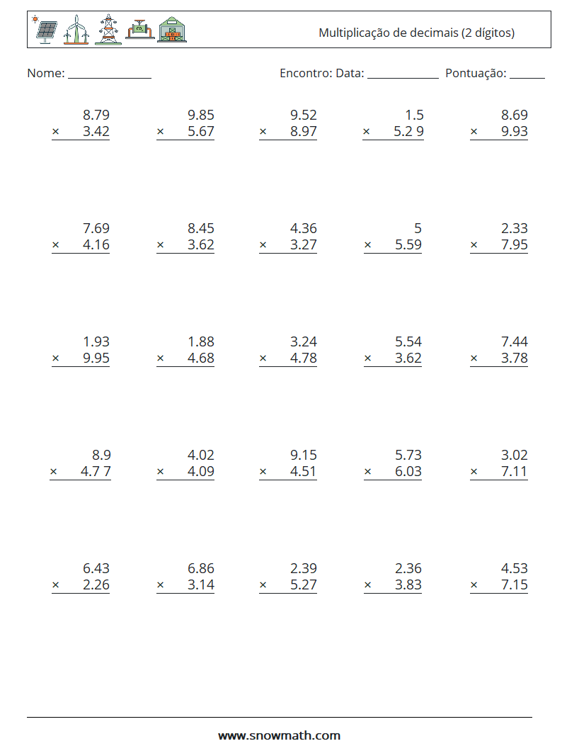 (25) Multiplicação de decimais (2 dígitos) planilhas matemáticas 18