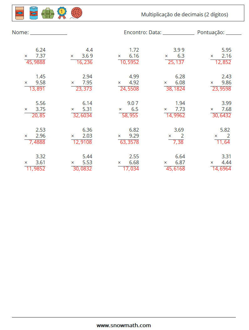 (25) Multiplicação de decimais (2 dígitos) planilhas matemáticas 1 Pergunta, Resposta