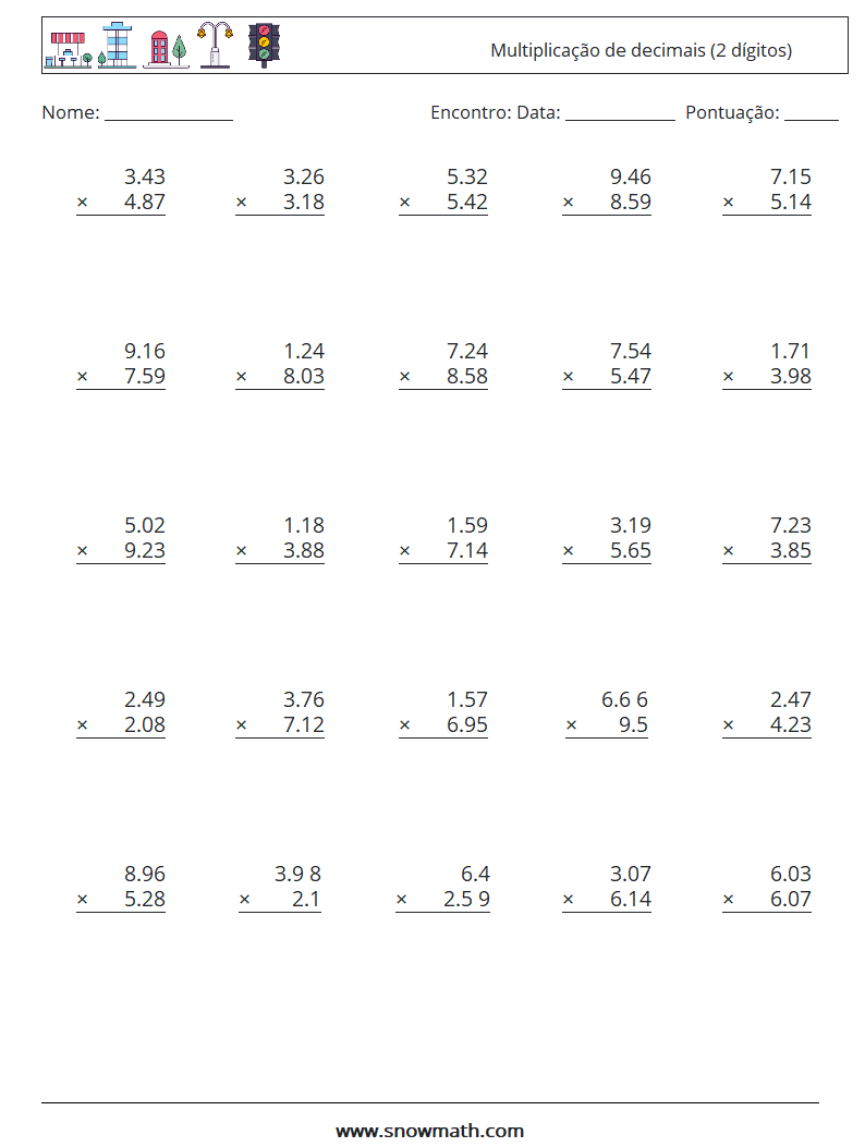 (25) Multiplicação de decimais (2 dígitos) planilhas matemáticas 2