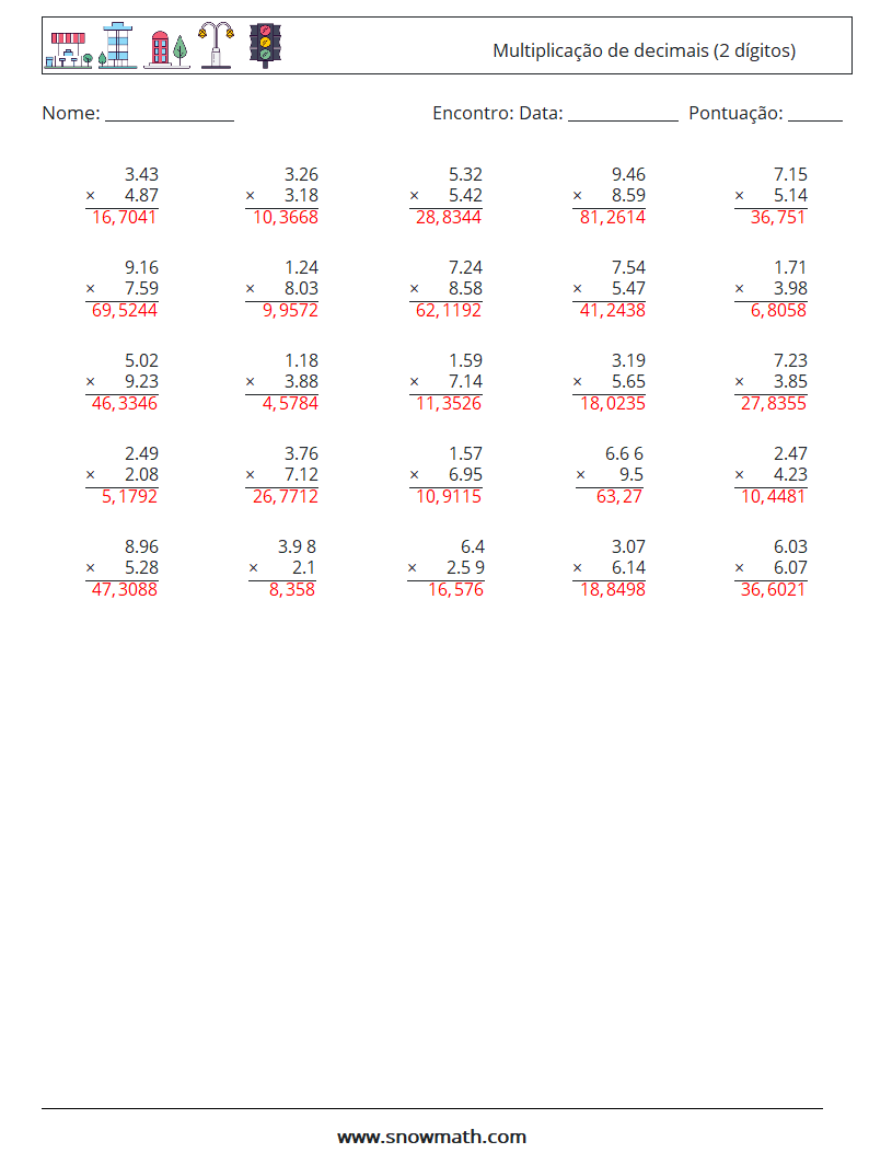 (25) Multiplicação de decimais (2 dígitos) planilhas matemáticas 2 Pergunta, Resposta