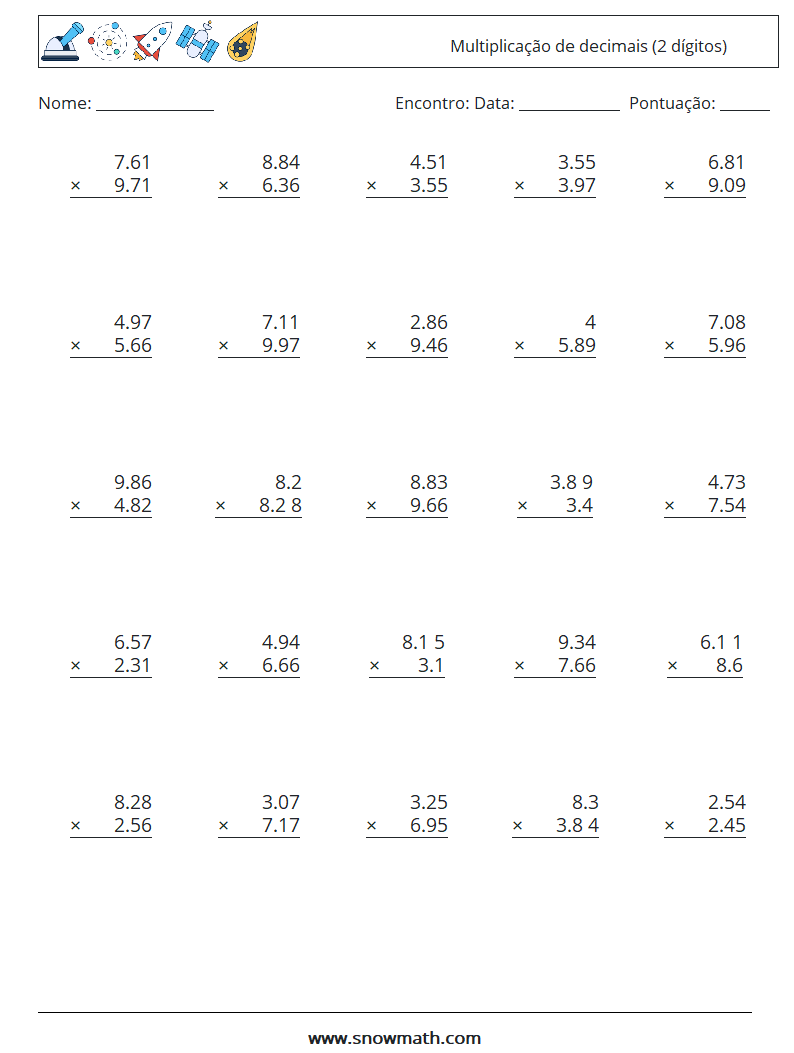 (25) Multiplicação de decimais (2 dígitos) planilhas matemáticas 3