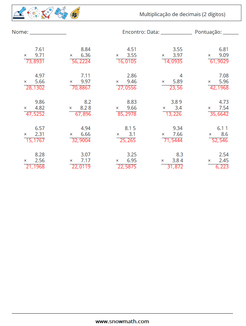 (25) Multiplicação de decimais (2 dígitos) planilhas matemáticas 3 Pergunta, Resposta