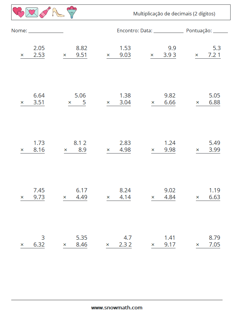 (25) Multiplicação de decimais (2 dígitos) planilhas matemáticas 4