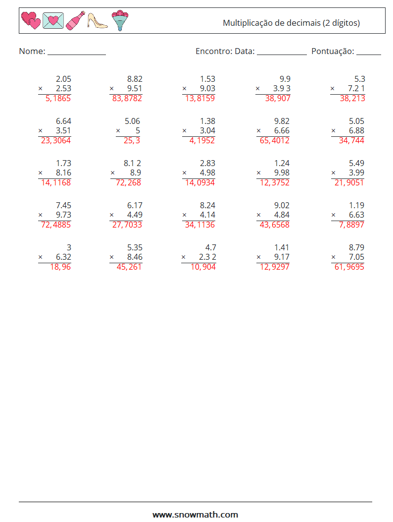 (25) Multiplicação de decimais (2 dígitos) planilhas matemáticas 4 Pergunta, Resposta